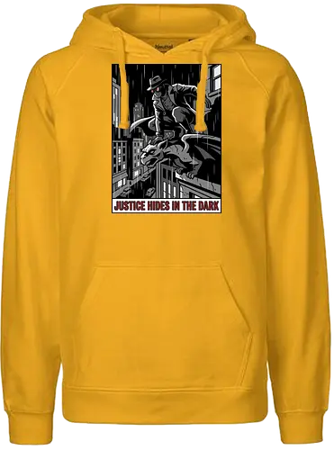Justice Hides In The Dark - Noir Masked Vigilante - noir, vigilante, gargoyle, detective, justice hides in the dark, comic book art, dark city, masked hero, trench coat, fedora, retro comic, 1930s aesthetic, Retro, rainy city, gothic, antihero, crime fighter, mystery, justice, shadowy figure - Fairtrade Hoodie