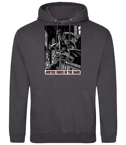 Justice Hides In The Dark - Noir Masked Vigilante - noir, vigilante, gargoyle, detective, justice hides in the dark, comic book art, dark city, masked hero, trench coat, fedora, retro comic, 1930s aesthetic, Retro, rainy city, gothic, antihero, crime fighter, mystery, justice, shadowy figure - Standard Hoodie