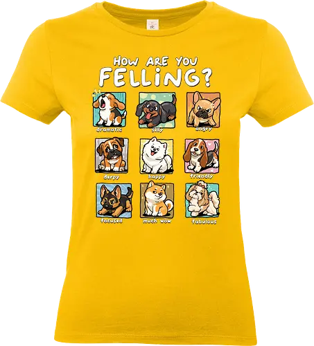 How Are You Feeling - dogs, angry, derpy, dog, dog lover, dramatic, emotion, fabulous, feelings, focused, friendly, happy, how are you feeling, mood, silly - Standard T-Shirt (Frauen)