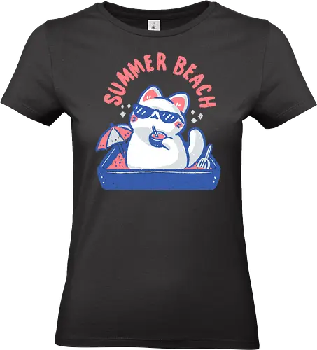 Funny Summer Beach Cat - beach cat, summer beach, funny cat, summer cat, cat lover, cat mom, litter box, sunglasses, love, summer vibes, meme, cool, pink, minimal, xmorfina - Standard T-Shirt (Frauen)