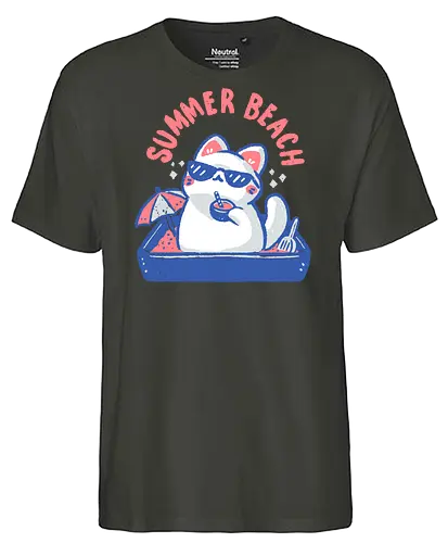 Funny Summer Beach Cat - beach cat, summer beach, funny cat, summer cat, cat lover, cat mom, litter box, sunglasses, love, summer vibes, meme, cool, pink, minimal, xmorfina - Fairtrade T-Shirt