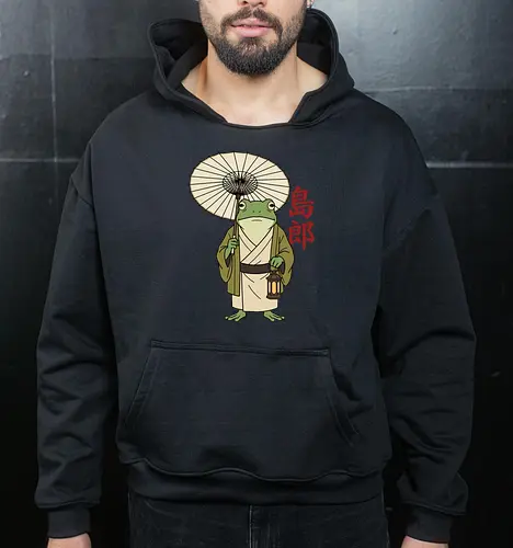 The Wandering Spirit: Zen Kimono Frog - Japanese frog shirt, Ukiyo-e aesthetic apparel, kimono frog graphic tee, Zen animal streetwear, traditional Japanese art shirt, anime style frog clothing, folklore spirit merchandise, vintage Japan aesthetic, goblincore frog tee, wandering ronin graphic - Cropped Hoodie