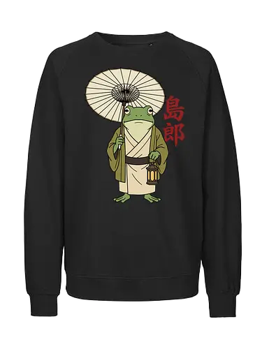 The Wandering Spirit: Zen Kimono Frog - Japanese frog shirt, Ukiyo-e aesthetic apparel, kimono frog graphic tee, Zen animal streetwear, traditional Japanese art shirt, anime style frog clothing, folklore spirit merchandise, vintage Japan aesthetic, goblincore frog tee, wandering ronin graphic - Fairtrade Sweatshirt