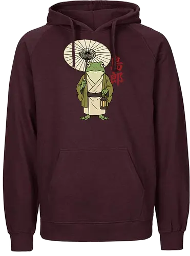The Wandering Spirit: Zen Kimono Frog - Japanese frog shirt, Ukiyo-e aesthetic apparel, kimono frog graphic tee, Zen animal streetwear, traditional Japanese art shirt, anime style frog clothing, folklore spirit merchandise, vintage Japan aesthetic, goblincore frog tee, wandering ronin graphic - Fairtrade Hoodie