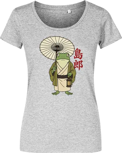 The Wandering Spirit: Zen Kimono Frog - Japanese frog shirt, Ukiyo-e aesthetic apparel, kimono frog graphic tee, Zen animal streetwear, traditional Japanese art shirt, anime style frog clothing, folklore spirit merchandise, vintage Japan aesthetic, goblincore frog tee, wandering ronin graphic - Damen T-Shirt