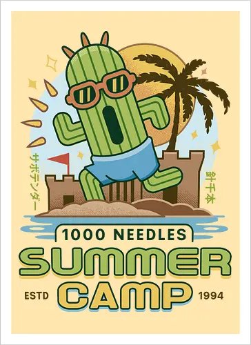 Cactus Summer Camp Vintage - cactilio, Kupo, summer, summer camp, video game, gaming, gamer, final, Kweh, tonberry, tomberi, fantasy - Kunstdruck