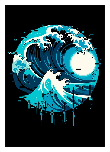 broken wave  - ocean, glitch, videogame, kanagawa, painting, surfing, beach, summer, vintage, classic - Kunstdruck