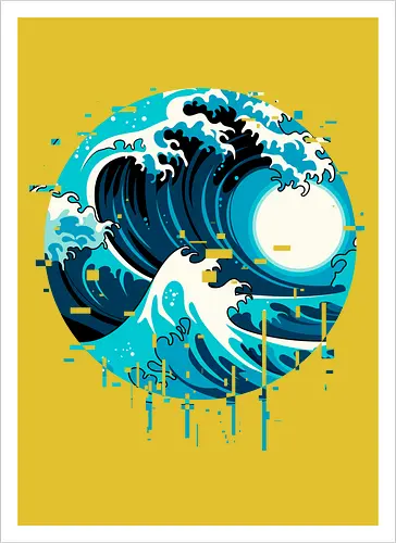 broken wave  - ocean, glitch, videogame, kanagawa, painting, surfing, beach, summer, vintage, classic - Kunstdruck