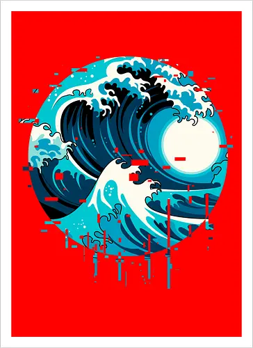 broken wave  - ocean, glitch, videogame, kanagawa, painting, surfing, beach, summer, vintage, classic - Kunstdruck