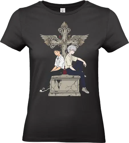 The Pilot & The Angel - Evangelion shirt, Shinji and Kaworu merch, Kawoshin apparel, anime gothic tee, winged cross graphic, 90s anime streetwear, aesthetic otaku clothing, psychological anime design, sad anime boy shirt, retro mecha fashion - Standard T-Shirt (Frauen)