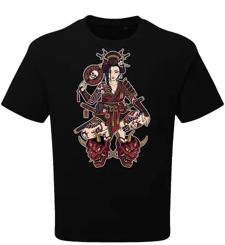 Oni Queen: The Irezumi Geisha Warrior - Japanese geisha shirt, Oni mask graphic tee, Irezumi tattoo apparel, Samurai warrior streetwear, Yakuza aesthetic clothing, Neo traditional tattoo design, Dark Japanese folklore, Edgy alternative fashion, Katana sword girl merch, Demon queen graphic - Oversize T-Shirt