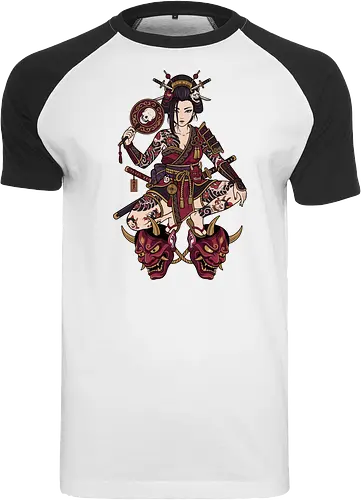 Oni Queen: The Irezumi Geisha Warrior - Japanese geisha shirt, Oni mask graphic tee, Irezumi tattoo apparel, Samurai warrior streetwear, Yakuza aesthetic clothing, Neo traditional tattoo design, Dark Japanese folklore, Edgy alternative fashion, Katana sword girl merch, Demon queen graphic - Raglan T-Shirt