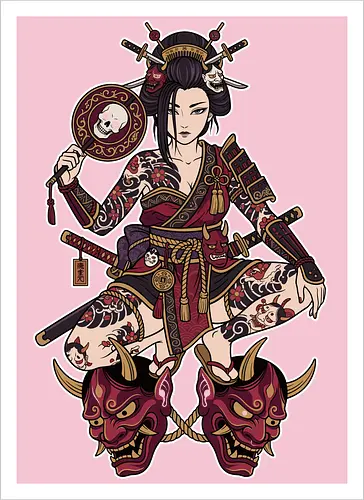 Oni Queen: The Irezumi Geisha Warrior - Japanese geisha shirt, Oni mask graphic tee, Irezumi tattoo apparel, Samurai warrior streetwear, Yakuza aesthetic clothing, Neo traditional tattoo design, Dark Japanese folklore, Edgy alternative fashion, Katana sword girl merch, Demon queen graphic - Kunstdruck
