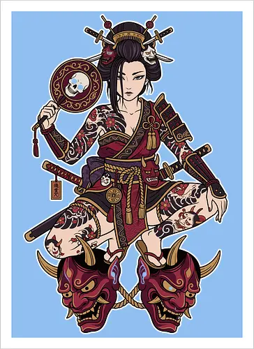 Oni Queen: The Irezumi Geisha Warrior - Japanese geisha shirt, Oni mask graphic tee, Irezumi tattoo apparel, Samurai warrior streetwear, Yakuza aesthetic clothing, Neo traditional tattoo design, Dark Japanese folklore, Edgy alternative fashion, Katana sword girl merch, Demon queen graphic - Kunstdruck