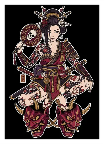 Oni Queen: The Irezumi Geisha Warrior - Japanese geisha shirt, Oni mask graphic tee, Irezumi tattoo apparel, Samurai warrior streetwear, Yakuza aesthetic clothing, Neo traditional tattoo design, Dark Japanese folklore, Edgy alternative fashion, Katana sword girl merch, Demon queen graphic - Kunstdruck