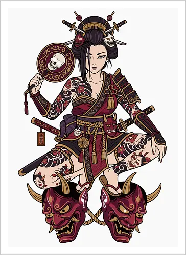 Oni Queen: The Irezumi Geisha Warrior - Japanese geisha shirt, Oni mask graphic tee, Irezumi tattoo apparel, Samurai warrior streetwear, Yakuza aesthetic clothing, Neo traditional tattoo design, Dark Japanese folklore, Edgy alternative fashion, Katana sword girl merch, Demon queen graphic - Kunstdruck
