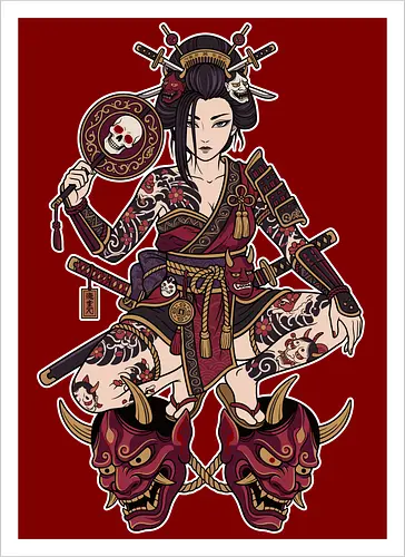 Oni Queen: The Irezumi Geisha Warrior - Japanese geisha shirt, Oni mask graphic tee, Irezumi tattoo apparel, Samurai warrior streetwear, Yakuza aesthetic clothing, Neo traditional tattoo design, Dark Japanese folklore, Edgy alternative fashion, Katana sword girl merch, Demon queen graphic - Kunstdruck
