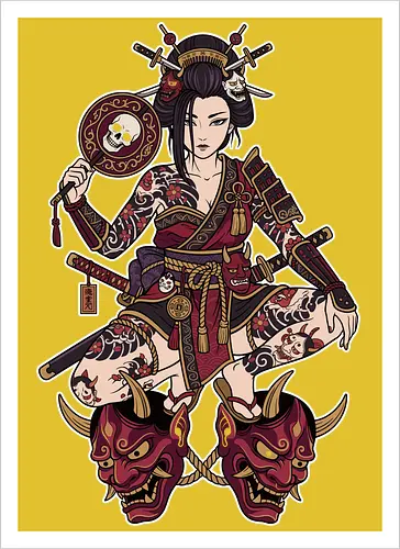Oni Queen: The Irezumi Geisha Warrior - Japanese geisha shirt, Oni mask graphic tee, Irezumi tattoo apparel, Samurai warrior streetwear, Yakuza aesthetic clothing, Neo traditional tattoo design, Dark Japanese folklore, Edgy alternative fashion, Katana sword girl merch, Demon queen graphic - Kunstdruck