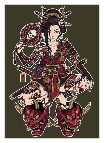 Oni Queen: The Irezumi Geisha Warrior - Japanese geisha shirt, Oni mask graphic tee, Irezumi tattoo apparel, Samurai warrior streetwear, Yakuza aesthetic clothing, Neo traditional tattoo design, Dark Japanese folklore, Edgy alternative fashion, Katana sword girl merch, Demon queen graphic - Kunstdruck