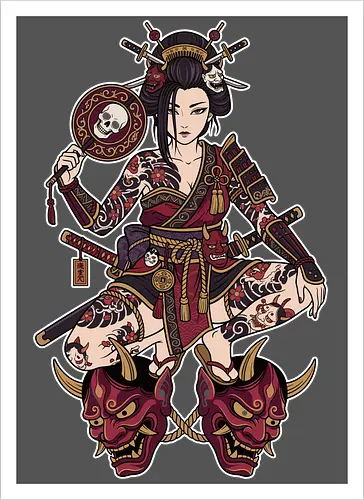 Oni Queen: The Irezumi Geisha Warrior - Japanese geisha shirt, Oni mask graphic tee, Irezumi tattoo apparel, Samurai warrior streetwear, Yakuza aesthetic clothing, Neo traditional tattoo design, Dark Japanese folklore, Edgy alternative fashion, Katana sword girl merch, Demon queen graphic - Kunstdruck