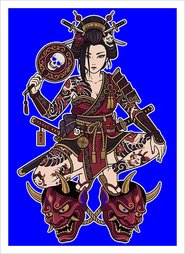 Oni Queen: The Irezumi Geisha Warrior - Japanese geisha shirt, Oni mask graphic tee, Irezumi tattoo apparel, Samurai warrior streetwear, Yakuza aesthetic clothing, Neo traditional tattoo design, Dark Japanese folklore, Edgy alternative fashion, Katana sword girl merch, Demon queen graphic - Kunstdruck