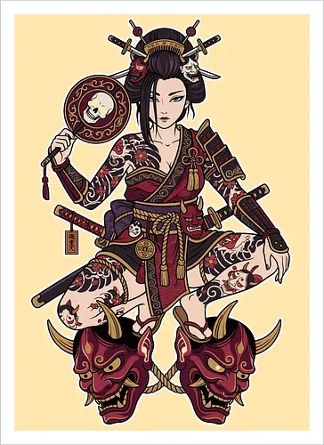Oni Queen: The Irezumi Geisha Warrior - Japanese geisha shirt, Oni mask graphic tee, Irezumi tattoo apparel, Samurai warrior streetwear, Yakuza aesthetic clothing, Neo traditional tattoo design, Dark Japanese folklore, Edgy alternative fashion, Katana sword girl merch, Demon queen graphic - Kunstdruck
