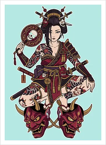 Oni Queen: The Irezumi Geisha Warrior - Japanese geisha shirt, Oni mask graphic tee, Irezumi tattoo apparel, Samurai warrior streetwear, Yakuza aesthetic clothing, Neo traditional tattoo design, Dark Japanese folklore, Edgy alternative fashion, Katana sword girl merch, Demon queen graphic - Kunstdruck
