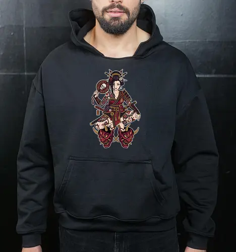 Oni Queen: The Irezumi Geisha Warrior - Japanese geisha shirt, Oni mask graphic tee, Irezumi tattoo apparel, Samurai warrior streetwear, Yakuza aesthetic clothing, Neo traditional tattoo design, Dark Japanese folklore, Edgy alternative fashion, Katana sword girl merch, Demon queen graphic - Cropped Hoodie