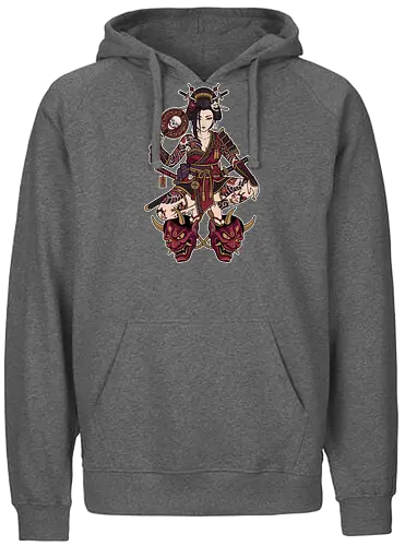 Oni Queen: The Irezumi Geisha Warrior - Japanese geisha shirt, Oni mask graphic tee, Irezumi tattoo apparel, Samurai warrior streetwear, Yakuza aesthetic clothing, Neo traditional tattoo design, Dark Japanese folklore, Edgy alternative fashion, Katana sword girl merch, Demon queen graphic - Fairtrade Hoodie