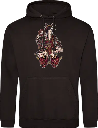 Oni Queen: The Irezumi Geisha Warrior - Japanese geisha shirt, Oni mask graphic tee, Irezumi tattoo apparel, Samurai warrior streetwear, Yakuza aesthetic clothing, Neo traditional tattoo design, Dark Japanese folklore, Edgy alternative fashion, Katana sword girl merch, Demon queen graphic - Standard Hoodie