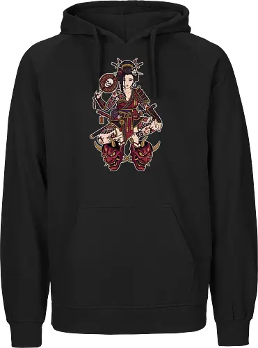 Oni Queen: The Irezumi Geisha Warrior - Japanese geisha shirt, Oni mask graphic tee, Irezumi tattoo apparel, Samurai warrior streetwear, Yakuza aesthetic clothing, Neo traditional tattoo design, Dark Japanese folklore, Edgy alternative fashion, Katana sword girl merch, Demon queen graphic - Fairtrade Hoodie