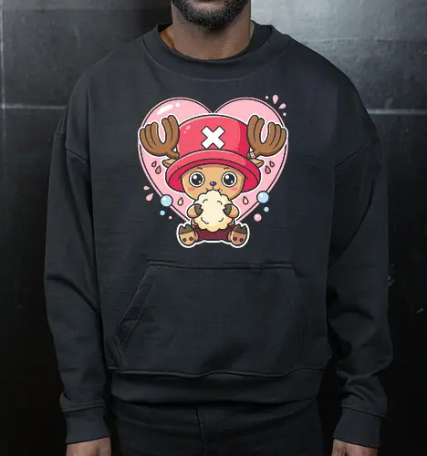 Sweet Shock: Chopper's Cotton Candy Love - Chopper cotton candy shirt, One Piece graphic tee, kawaii anime apparel, Straw Hat pirate merch, pastel otaku streetwear, cute reindeer anime design, funny anime face clothing, pink heart anime shirt, sweet aesthetic manga tee, Tony Tony Chopper merchandise - Cropped Sweatshirt
