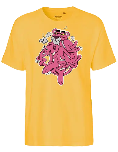 Verschlungener Rosa Panther - Chill Retro Underground Cartoon - rosa Panther Kunst, Retro Cartoon, Chill Kunst, verschlungener Panther, Underground Cartoon, Lofi Druck, rosa Charakter, alternative Kunst, klassischer Cartoon, Retro Geek Druck, 60er Pop Art, stilvoller Charakter, urbaner Druck, entspannter Cartoon, Popkultur Kunst - Fairtrade T-Shirt