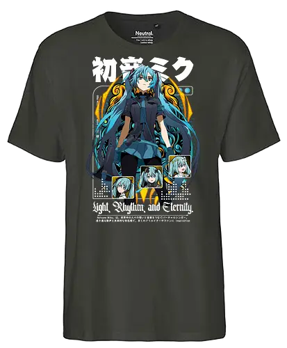 Light Rhythm Eternity - Hatsune Miku, vocaloid, miku dark outfit, virtual singer, anime girl teal hair, vocaloid merch, miku poster art, light rhythm eternity, vocaloid fan art - Fairtrade T-Shirt