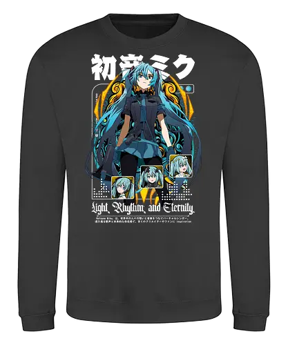 Light Rhythm Eternity - Hatsune Miku, vocaloid, miku dark outfit, virtual singer, anime girl teal hair, vocaloid merch, miku poster art, light rhythm eternity, vocaloid fan art - Sweatshirt
