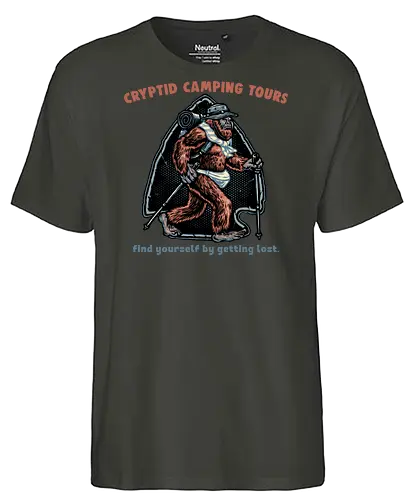 Cryptid Camping Tours - Camping, funny, humor, myth, creature, mystery, outdoor, wildlife, mountains, camper - Fairtrade T-Shirt