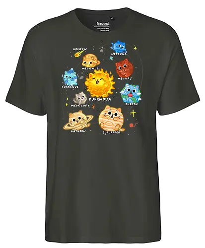Solar Cat System - solar system, animal, cat, cosmic, galaxy, kitten, nerds, pets, planets, space, space cats, space exploration, stars, sun, universe - Fairtrade T-Shirt