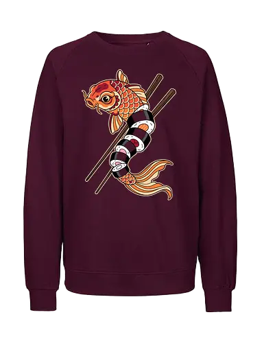 Fresh Catch: The Sushi Koi - sushi shirt, koi fish graphic tee, Japanese food apparel, funny sushi streetwear, Irezumi tattoo design, foodie clothing, maki roll shirt, Japanese aesthetic fashion, quirky graphic tee, chopsticks art - Fairtrade Sweatshirt