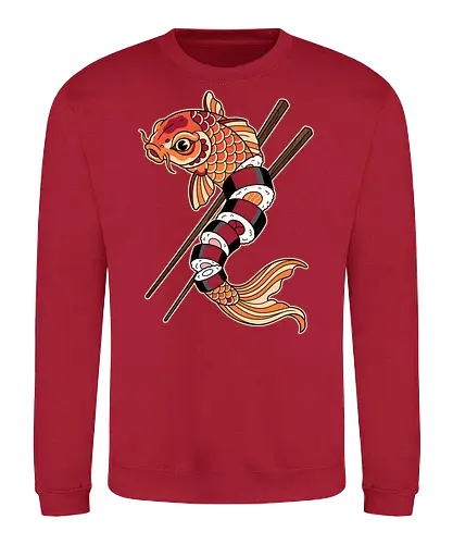 Fresh Catch: The Sushi Koi - sushi shirt, koi fish graphic tee, Japanese food apparel, funny sushi streetwear, Irezumi tattoo design, foodie clothing, maki roll shirt, Japanese aesthetic fashion, quirky graphic tee, chopsticks art - Sweatshirt