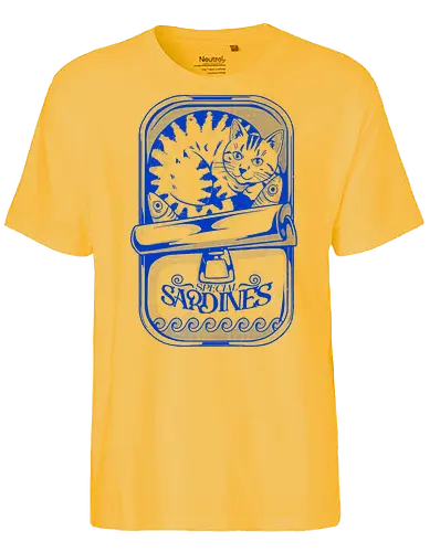 Sardines - cat, sardines, fish, feline, pet, cute, kawaii, funny, humor, vintage, retro, food, seafood, ocean, marine, graphic, illustration, classic, nostalgia, quirky, blue, animal, design, cozy, creative, sticker, streetwear, collector, playful, minimal - Fairtrade T-Shirt