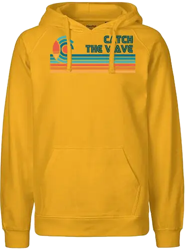 Catch The Wave - summer, 70s, 80s, beach, california, hawaii, minimalist, ocean, retro, surf life, surfboard, surfer, surfing, vacation, wave - Fairtrade Hoodie
