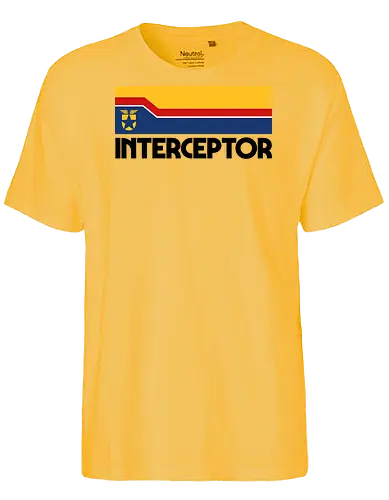 Interceptor - 80s movies, 70s, 80s, action movies, car, cult film, cult movies, dystopian, gasoline, muscle cars, pop art, retro, road, sci fi, v8 engine - Fairtrade T-Shirt