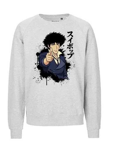 Space Cowboy's Farewell - space cowboy graphic, anime finger gun design, retro 90s anime apparel, edgy otaku streetwear, Japanese text anime shirt, classic sci-fi manga clothing, ink splatter anime art, vintage anime fashion, Spike shirt, Cowboy tee - Fairtrade Sweatshirt