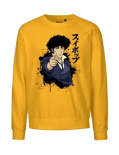 Space Cowboy's Farewell - space cowboy graphic, anime finger gun design, retro 90s anime apparel, edgy otaku streetwear, Japanese text anime shirt, classic sci-fi manga clothing, ink splatter anime art, vintage anime fashion, Spike shirt, Cowboy tee - Fairtrade Sweatshirt