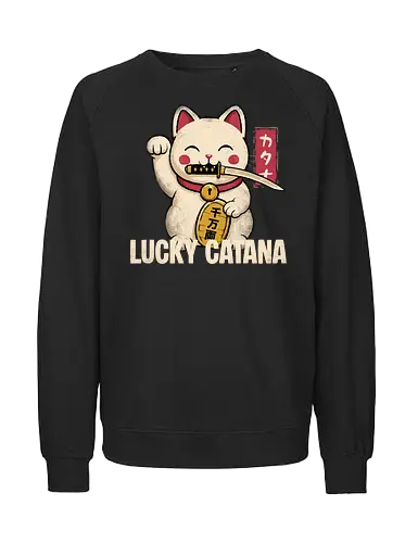 Lucky Catana - catana, katana, cat, lucky cat, waving cat, cats, katana cat, maneki neko, Japanese, Japan - Fairtrade Sweatshirt