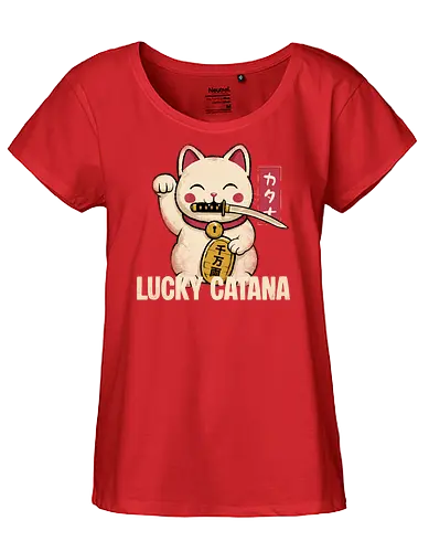 Lucky Catana - catana, katana, cat, lucky cat, waving cat, cats, katana cat, maneki neko, Japanese, Japan - Fairtrade Girl Shirt