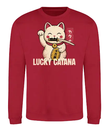Lucky Catana - catana, katana, cat, lucky cat, waving cat, cats, katana cat, maneki neko, Japanese, Japan - Sweatshirt