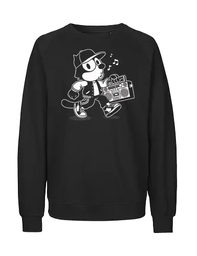 Hip Hop Cat - hiphop, streetwear, urban, cat, music, rapper, rap, boombox, radio, dj, breakdance, bboy, graffiti, retro, vintage, oldschool, classic, street, cute, kawaii, animal, feline, illustration, graphic, monochrome, black, nostalgia, culture, style, vinyl - Fairtrade Sweatshirt