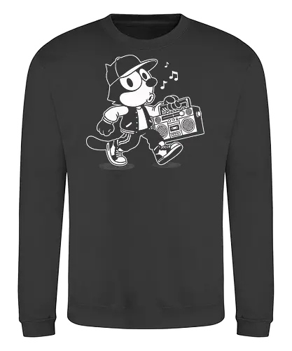 Hip Hop Cat - hiphop, streetwear, urban, cat, music, rapper, rap, boombox, radio, dj, breakdance, bboy, graffiti, retro, vintage, oldschool, classic, street, cute, kawaii, animal, feline, illustration, graphic, monochrome, black, nostalgia, culture, style, vinyl - Sweatshirt