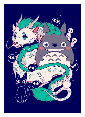 Magical Beings - fantasy, magic, spirits, dragon, forest, kawaii, cute, anime, manga, yokai, creatures, mythical, legend, fantastic, whimsical, adventure, nature, forestcore, cottagecore, spirit, cartoon, illustration, aesthetic, retro, nostalgia, magical, cozy, dreamy, folklore - Kunstdruck